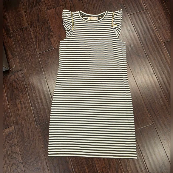 Michael Kors Olive & White Striped Dress XS Gold Shoulder Zippers 🚢 - Picture 4 of 9